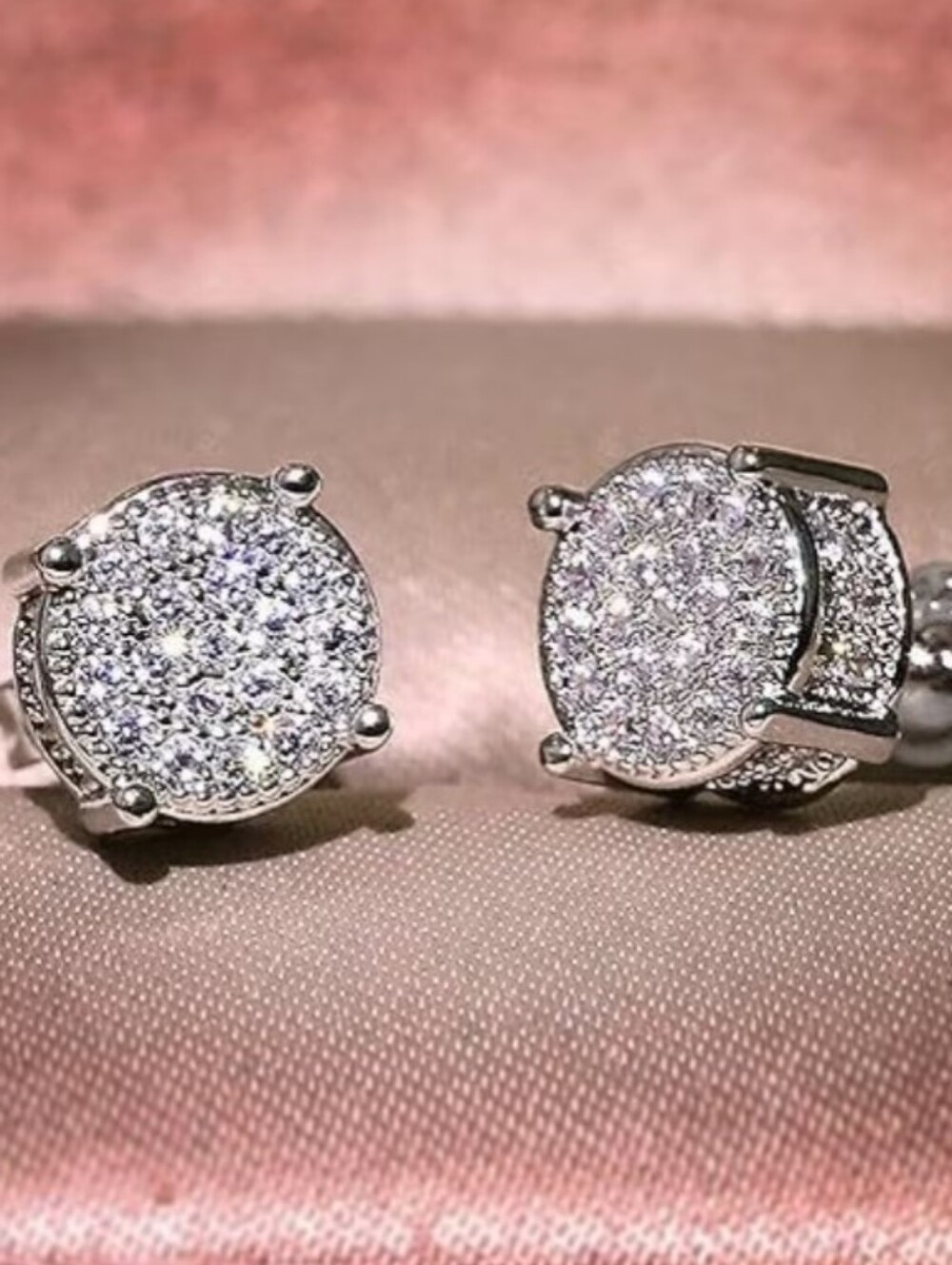NEW! 14k White Gold Plated Sterling Silver Round Pavé Diamond Stud Earrings